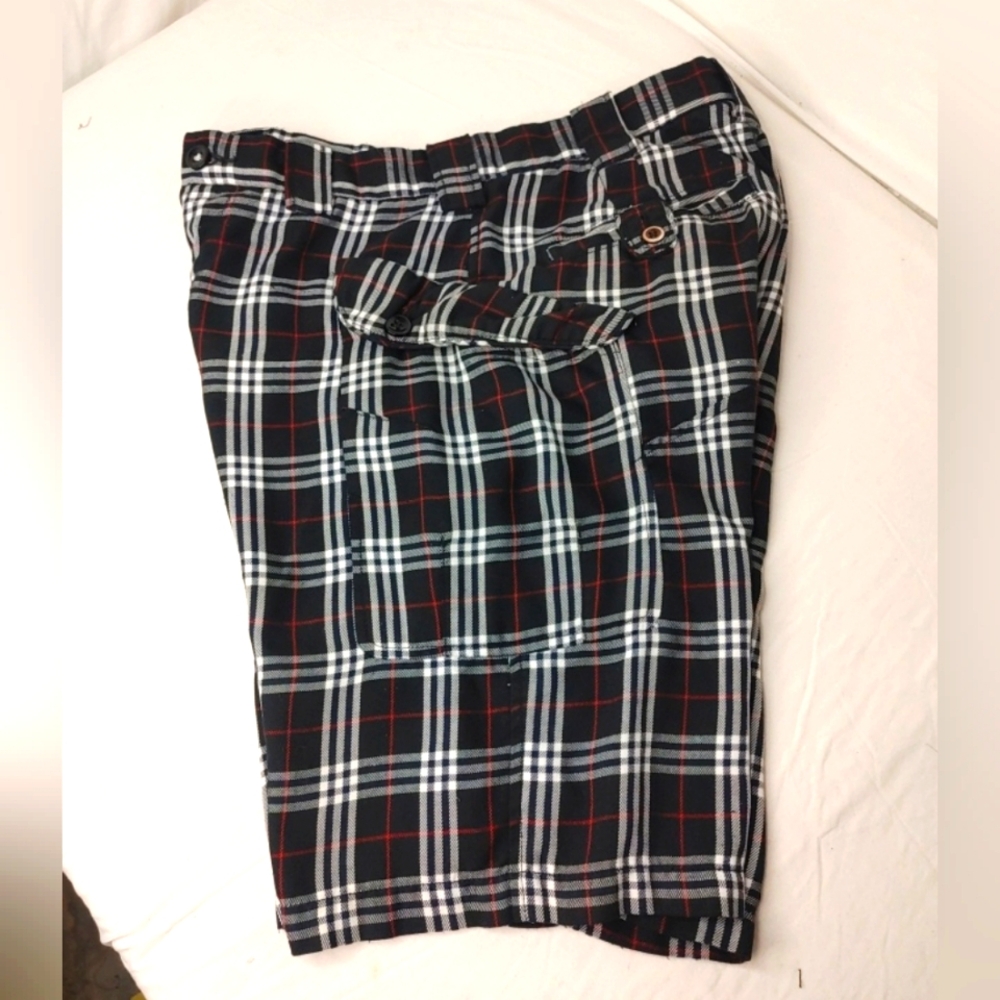 Mens Shorts Size 32 Black/White Plaid High Rise Cargo Pockets Casual Zip Fly D3